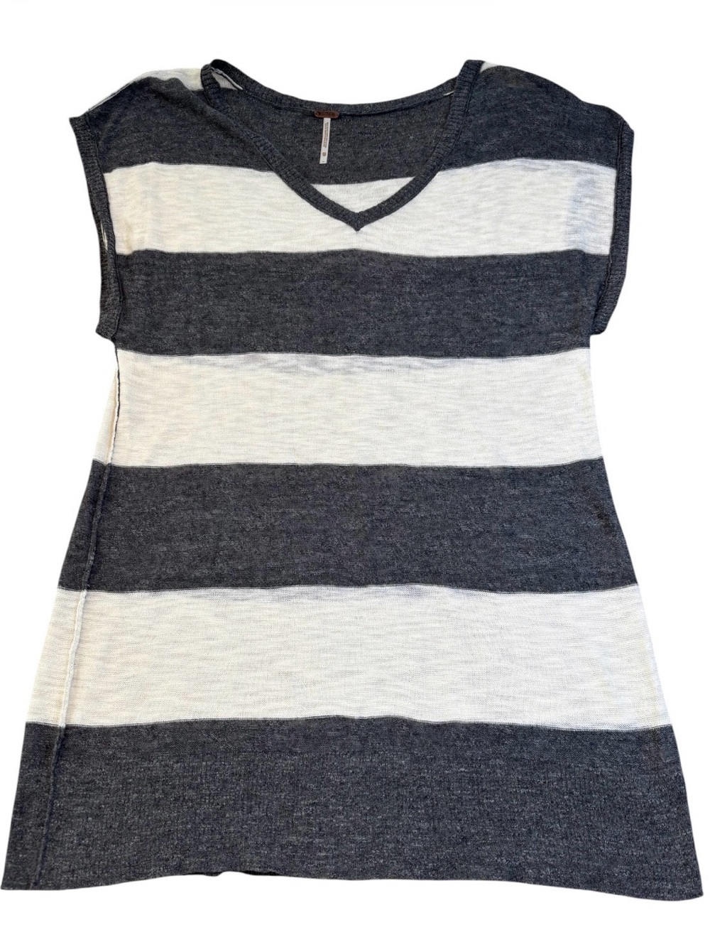 Free People We The Free “Take Me” Striped Slouchy V-Neck Tee Gray Ivory XS
